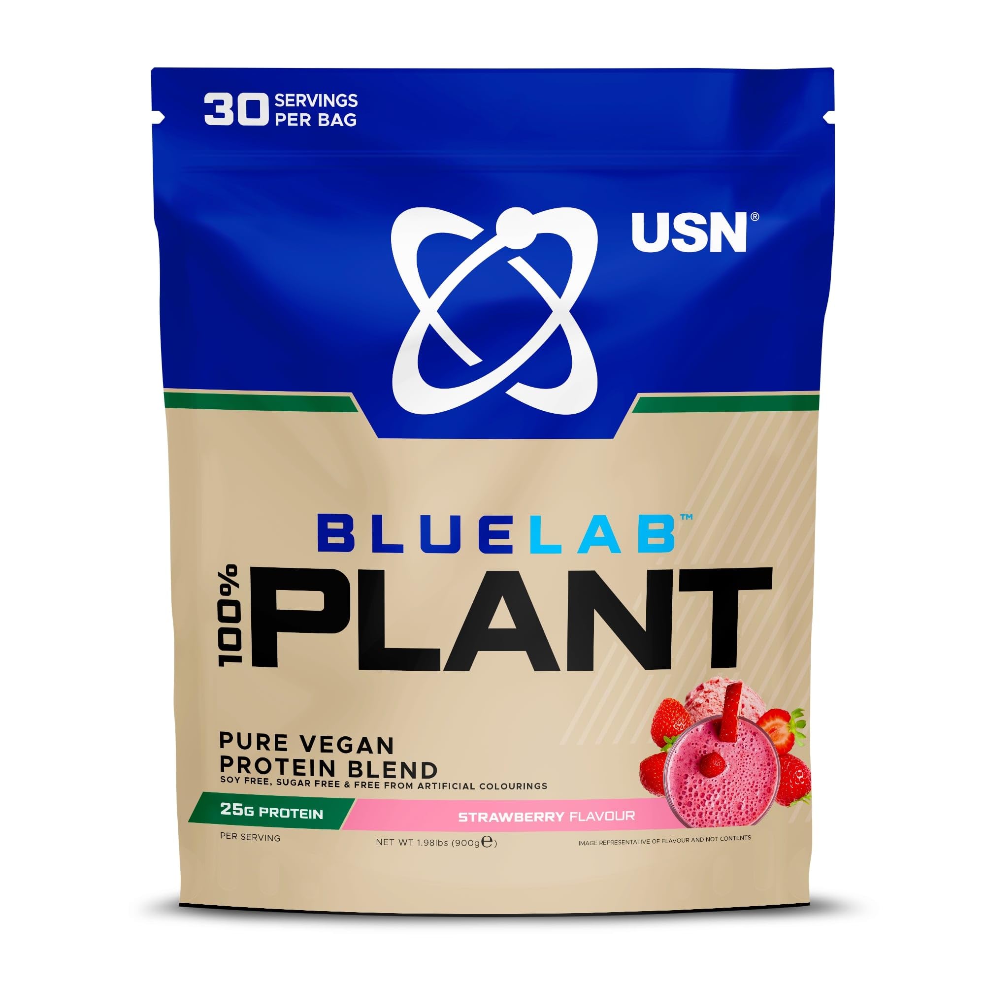 USN 100% Plant Protein Strawberry, Vegan Protein Powder (900g) A Sugar Free, Plant Based Protein Blend With No Soy and No Artificial Flavours