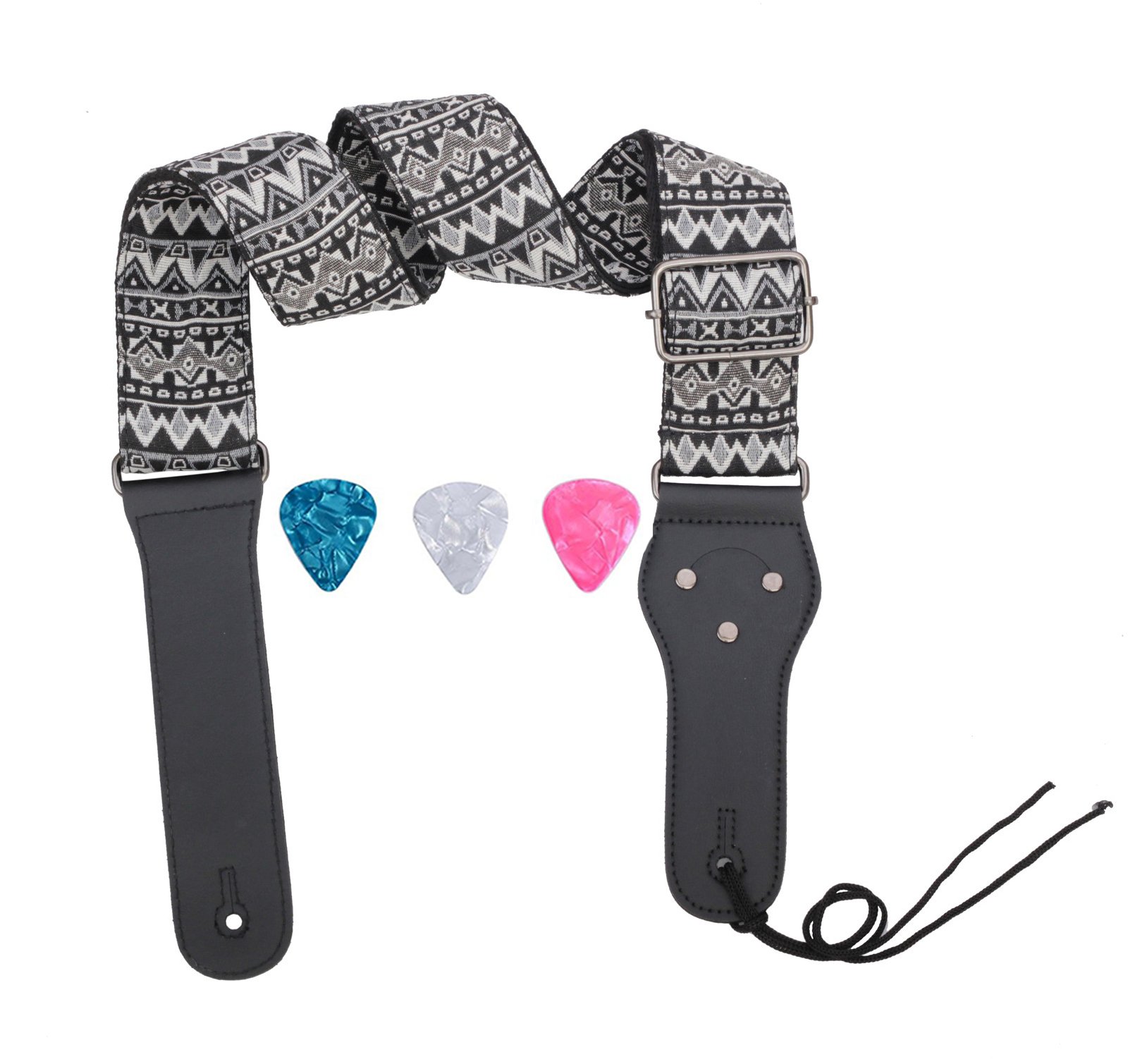 Rufun Guitar Strap Retro Adjustable Jacquard Weave Vintage Accessory for Basse Electric Acoustic Guitar, 3 Picks Included (Black)
