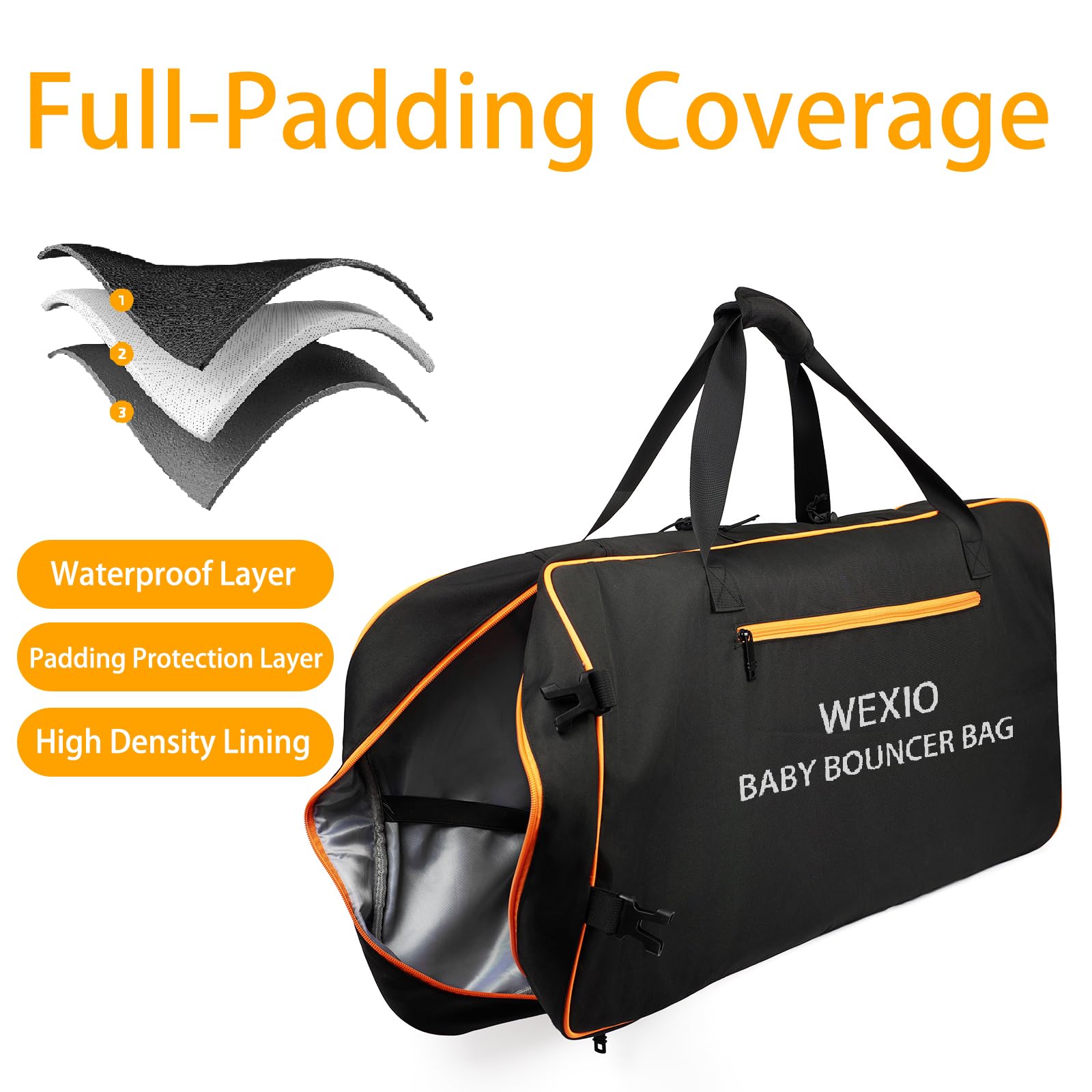 Padded Baby Bouncer Transport Bag, Waterproof Infant Bouncy Seat Travel Bag, Double Zipped Newborn Bouncer Cover with Shoulder Pad，15.7 x 4.7 x 35.4 Inches
