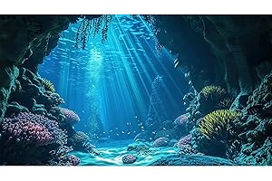 RIIVVDISE Under The Sea Aquarium Background Underwater Grotto with Soft Corals Reefs Fish Tank Background Blue Ocean Tropical Cave Sunlight Rays Deep Sea Fish Tank Backgrounds Aquarium Wallpaper 48x24in