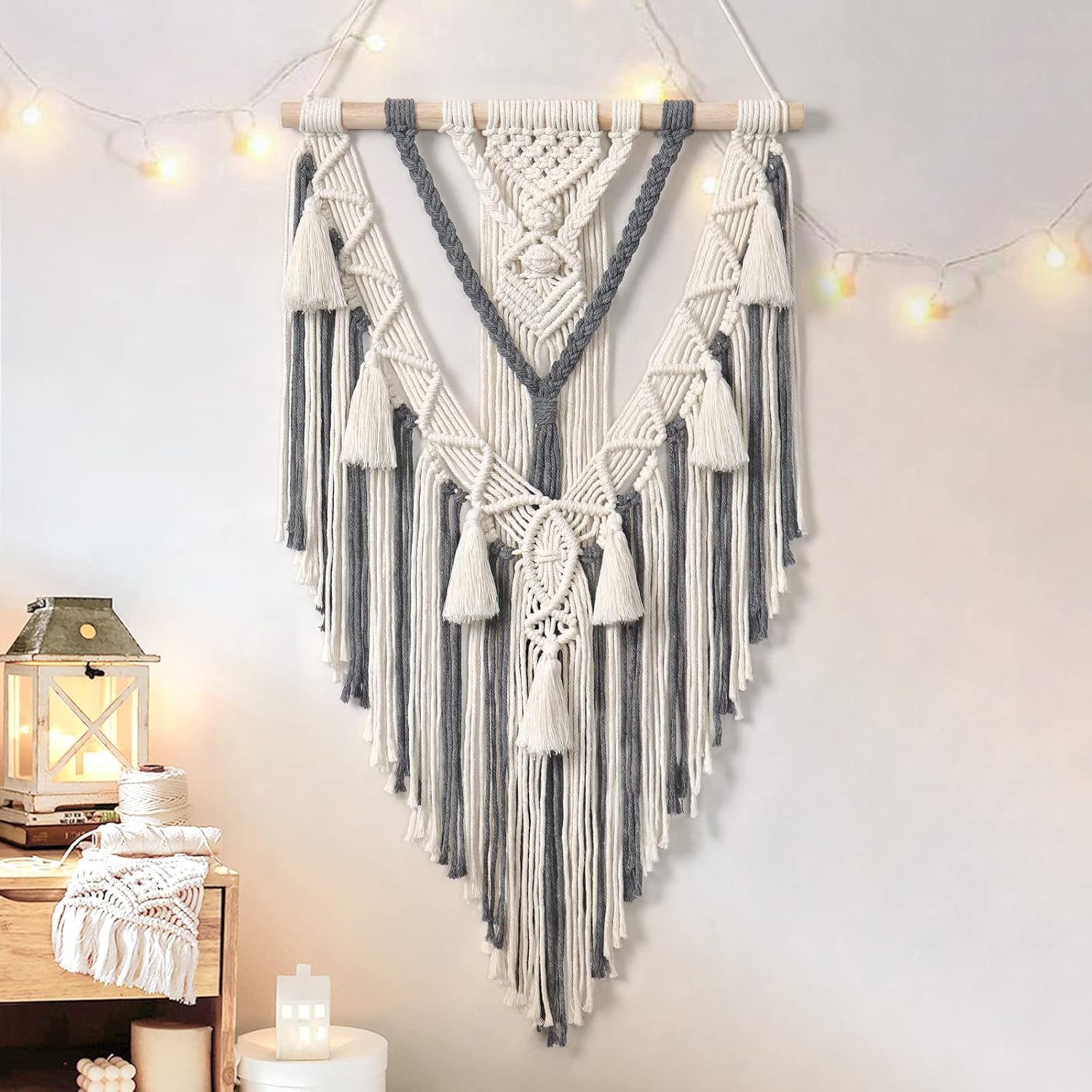 Tapestries - Dremisland Macrame Woven Wall Hanging Boho Geometric Woven Tapestry Beige & Grey Cotton Handmade Bohemian Art Decor with Tassel Craft Ornament for Bedroom Living Room Apartment Nursery (Grey)