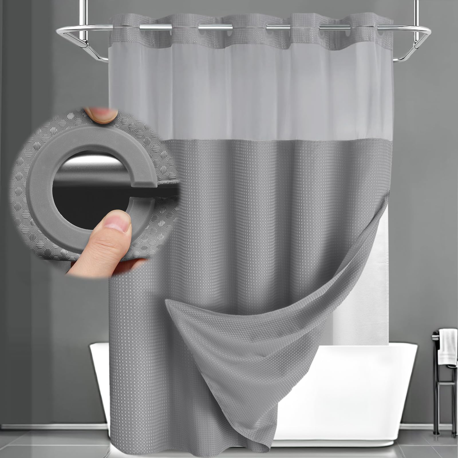 Photo 1 of *MINOR DAMAGE - USED*
XOGUIBO No Hook Shower Curtain and Liner Set,Grey Hotel Waffle Shower Curtain with Liner 75" L x 72" W