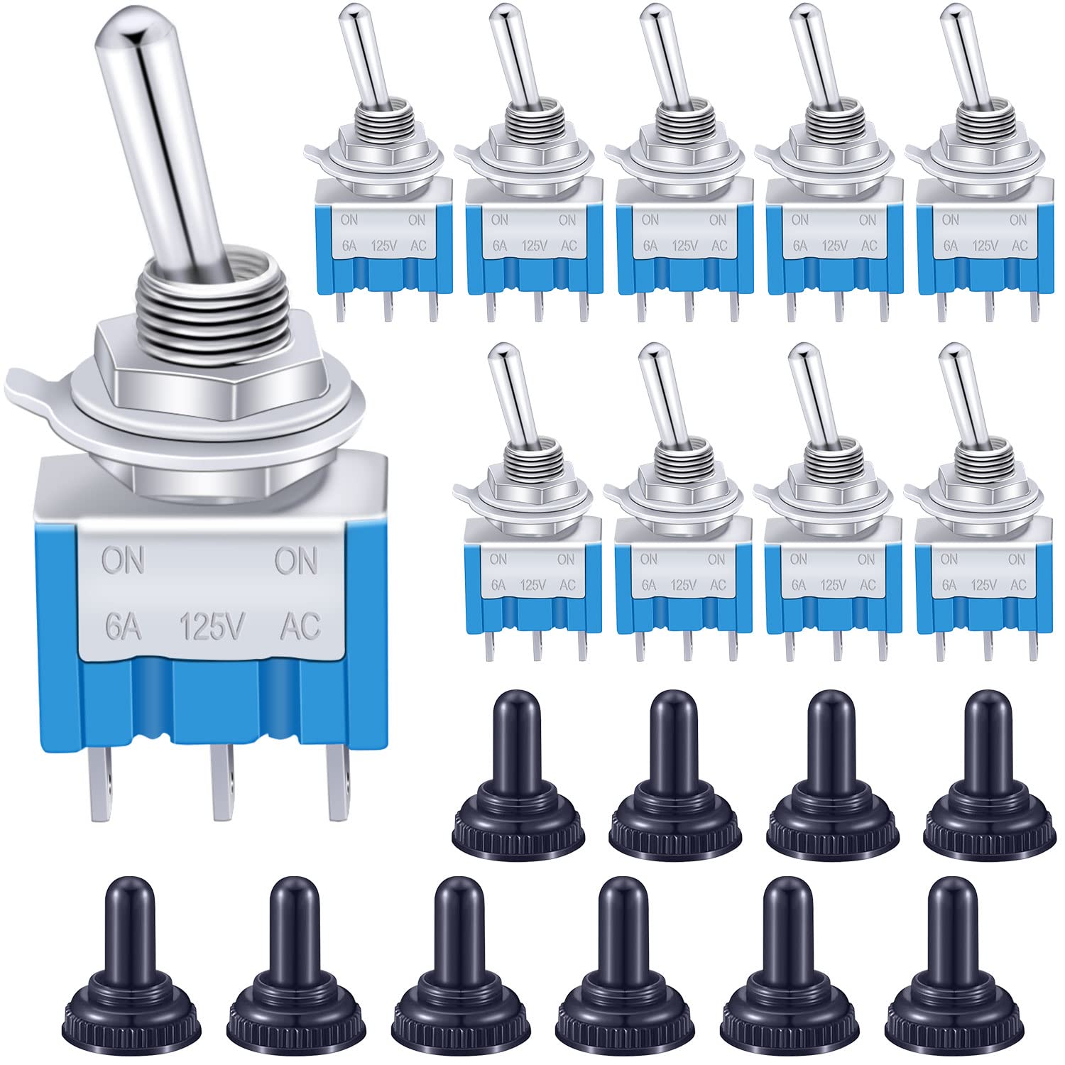 Taiss/10pcs Blue Mini toggle switch MTS-102-MZ 3 Pin SPDT ON/ON 6A 125VAC 2 Position Miniature Toggle Switch + 10pcs Waterproof Cap