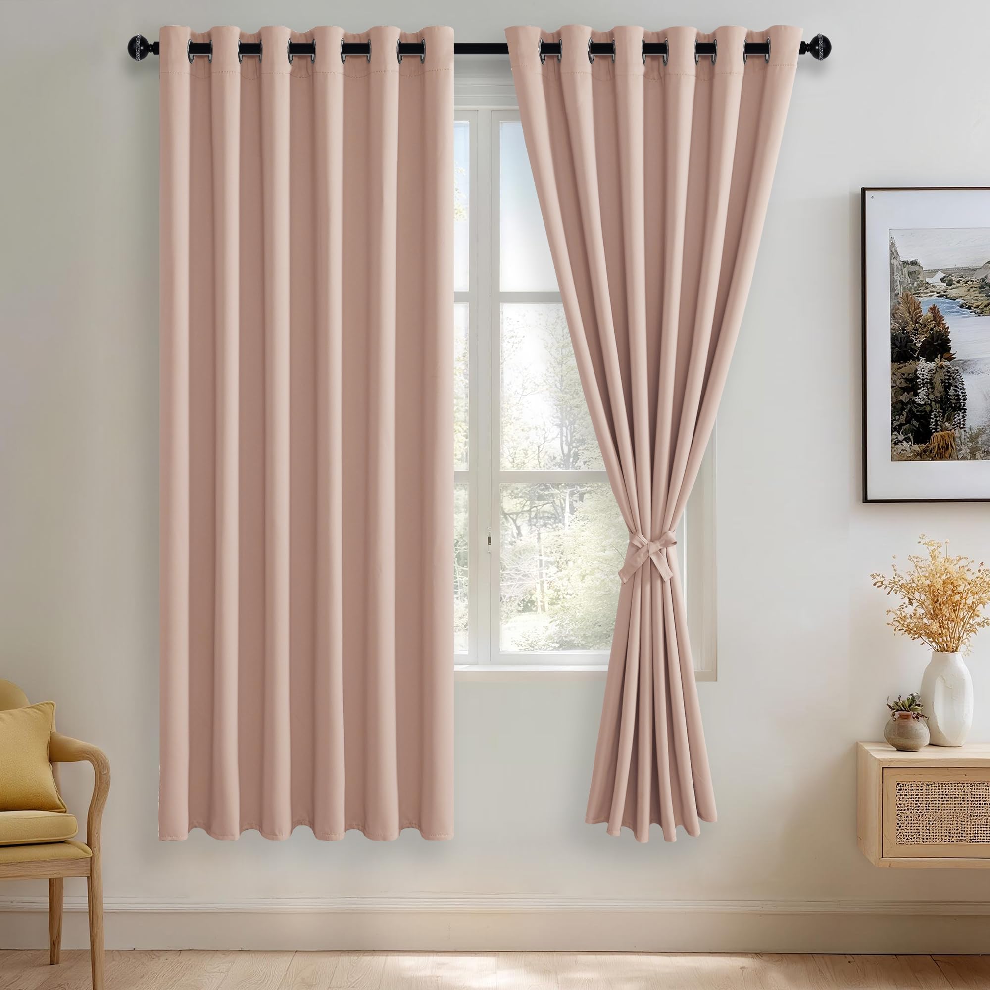 JIUZHEN Blush Pink Blackout Curtains with Tiebacks Thermal Insulated, Light Blocking and Noise Reducing Grommet Curtains for Bedroom and Living Room, Set of 2 Window Curtain Panel, 70 x 72 Inch Length Image