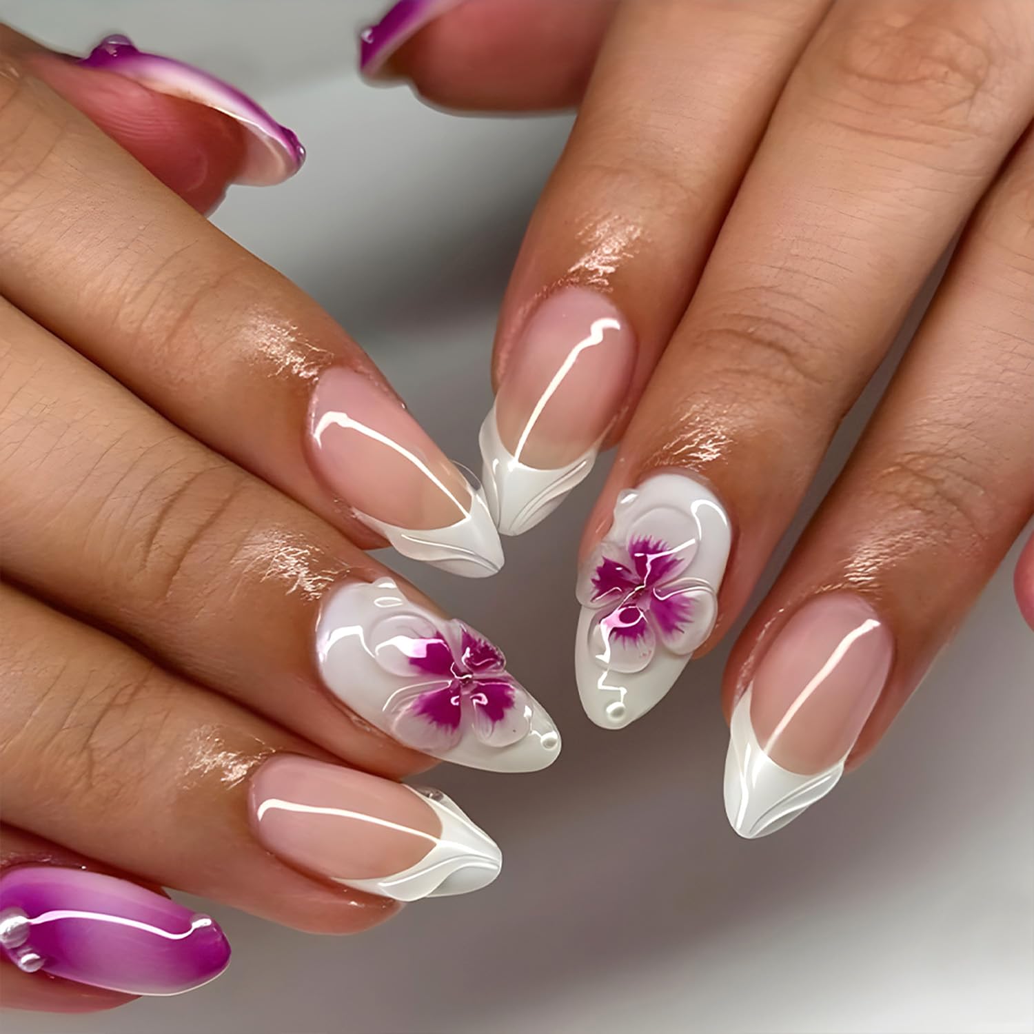 Photo 1 of 24Pcs Purple Flower Press on Nails Medium Almond French Tip Fake Nails with 3D Rhinestones Design White Full Cover Artificial Glue on Nails Spring Summer False Nails Cute Stick on Nails for Women DIY