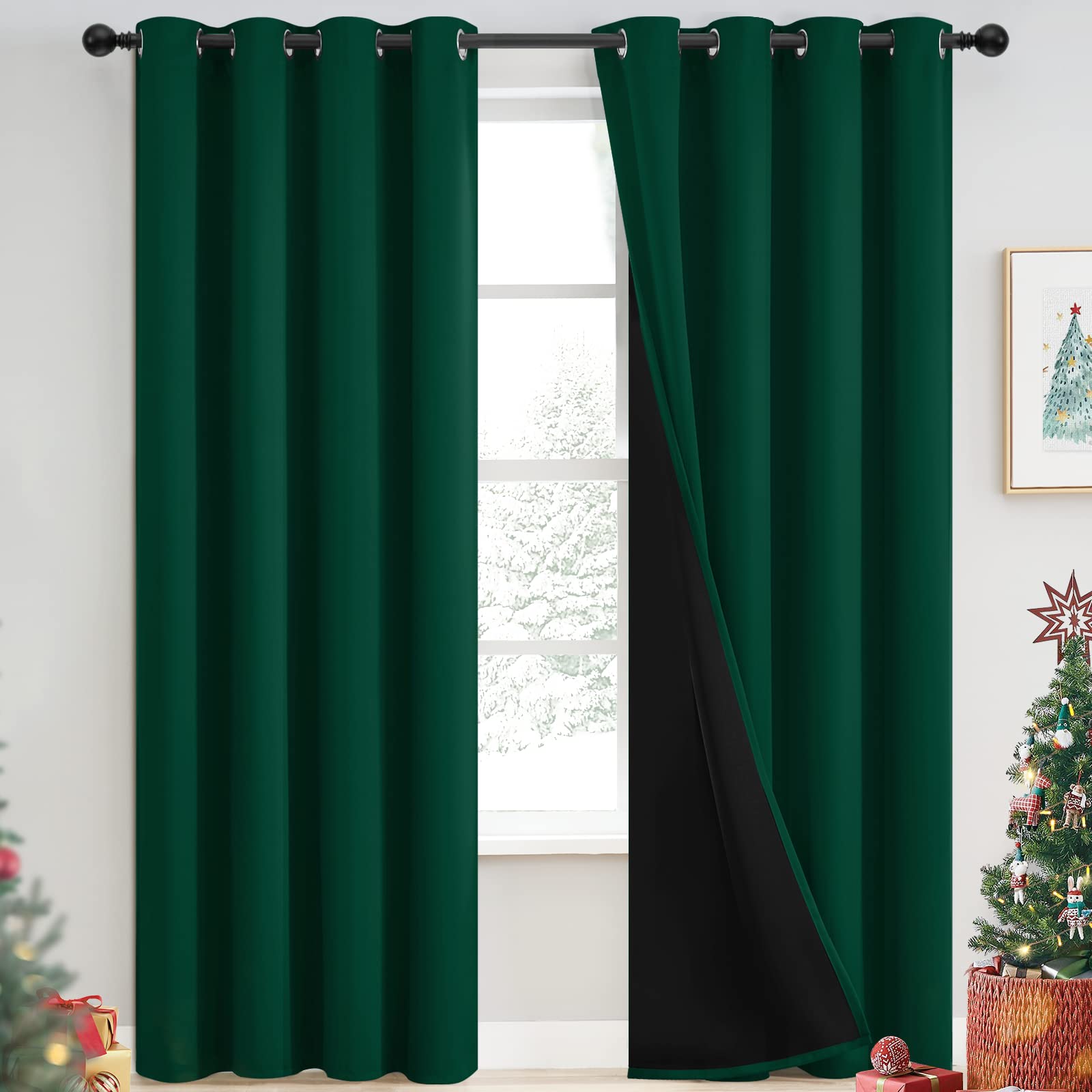 Photo 1 of Yakamok 100% Blackout Curtains for Bedroom 84 Inch Length, Emerald Green Total Light Blocking Drapes with Black Backing, Thermal Insulated Solid Grommet Panels for Living Room, 52Wx84L, 2 Panels