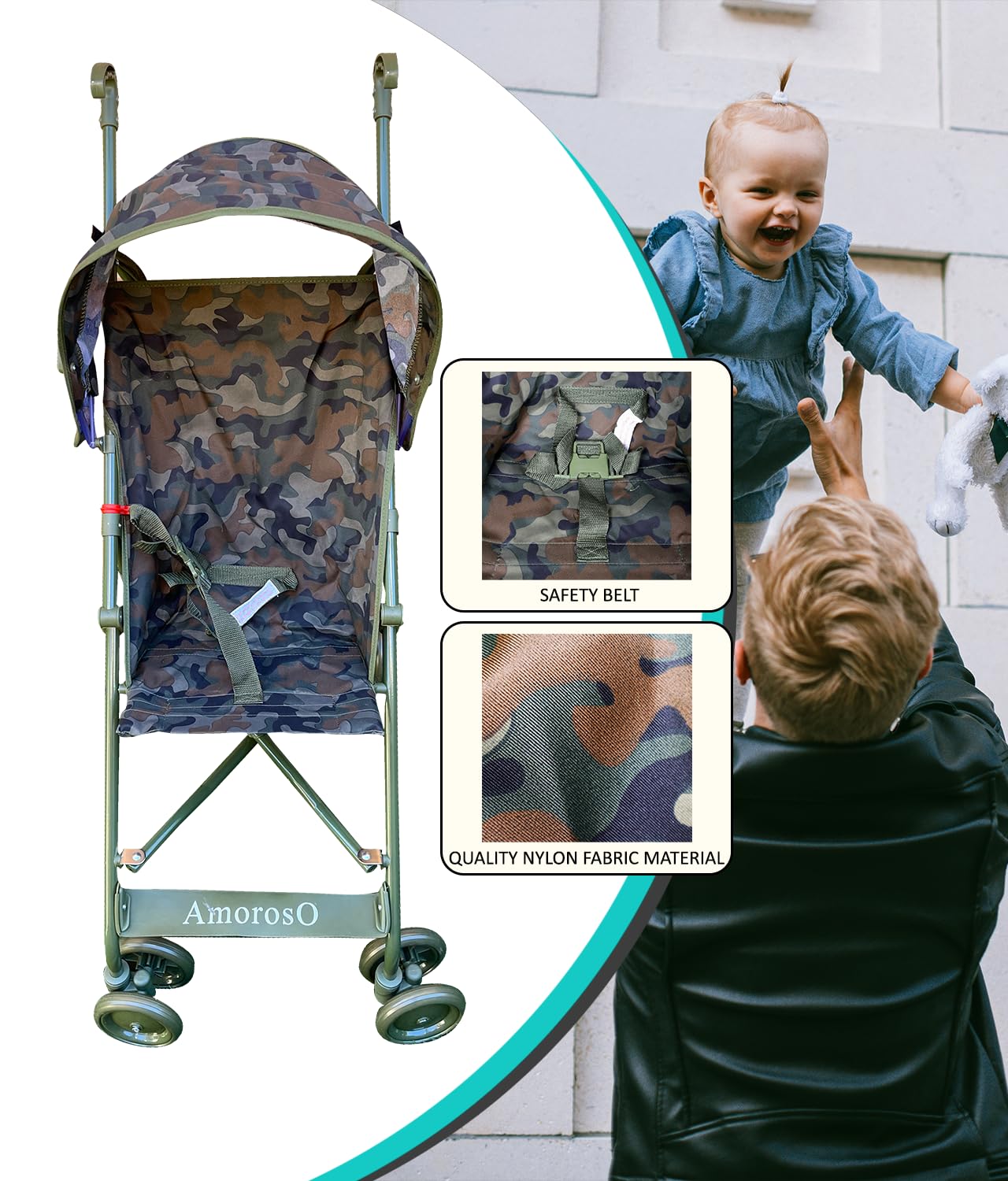 AmorosO Single Umbrella Stroller for Toddler - Travel Stroller for Babies - Sun Protection Cover - Nylon Fabric Material - Metal Frame - PP Plastic Handle Material - Camouflage