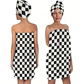YWZDS Checkered Bath Wrap Set with Hair Turban, Black and White Pattern, Spa Towel Wrap