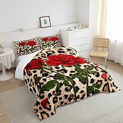 Leopard Comforter Set Red Rose Printed Quilted