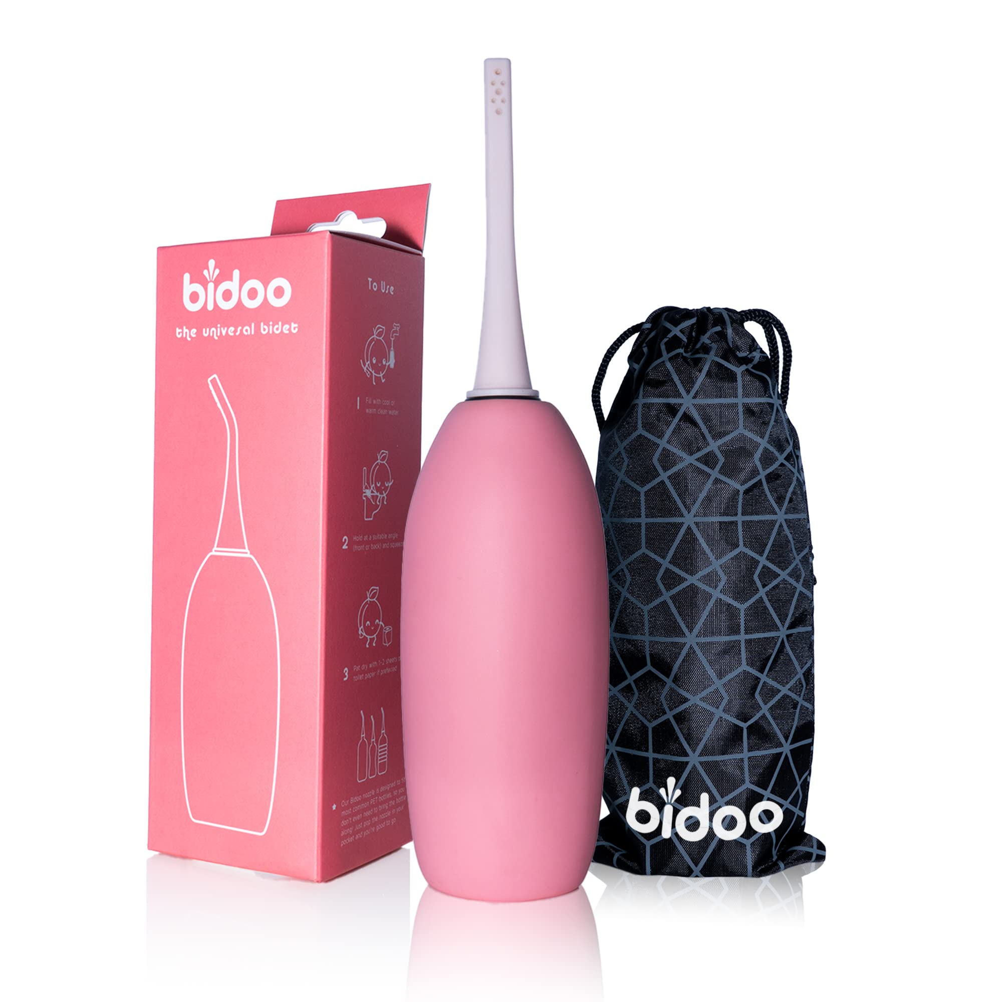 BIDOO Universal Portable Bidet Bottle with Soft Silicone Nozzle, Leak Proof Cap & Nylon Pouch – Compact Reusable Hygiene Hand Bidet for Travel, Elder Ease, New Moms & Pre/Post Intimacy - Pink Salt