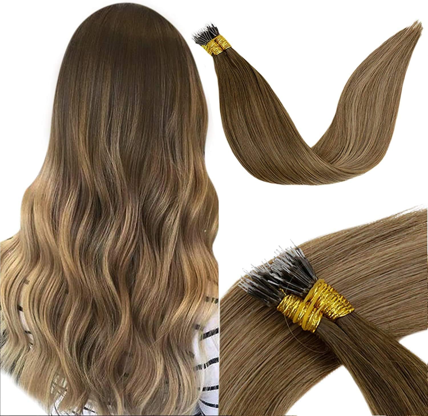 LaaVoo Extensions Human Hair Nano Ring Remy Human Hair Extensions Full