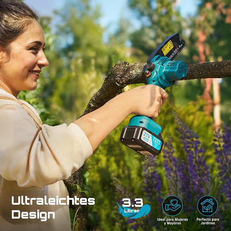 6'' Mini Motosierra Bateria 8000mAh, Motosierra Eléctrica Bateria con Depósito Para El Aceite y Cadena Reemplazable, Motosierra Inalámbrica Portátil para Podar Árboles de Jardinería — foto 5 de 8