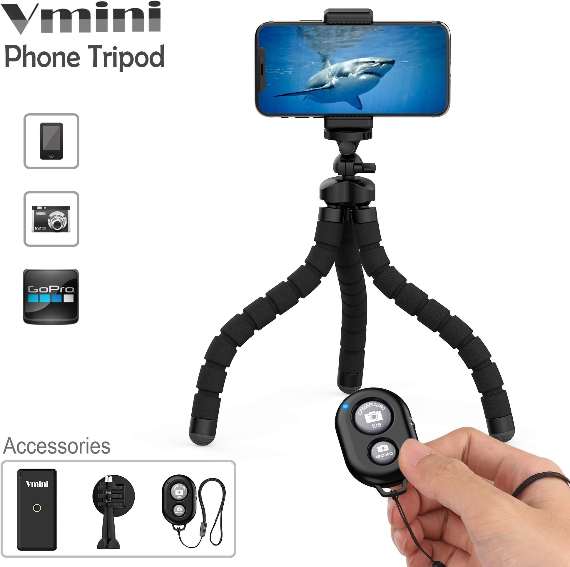 Phone Tripod, Vmini 11" Extended & Flexible Tripod for iPhone, with Rock-Solid Quality, Bluetooth Remote Shutter for iOS/Android Phone, Accessories Perfect for Mobile Phone, Camera, Gopro Camera
