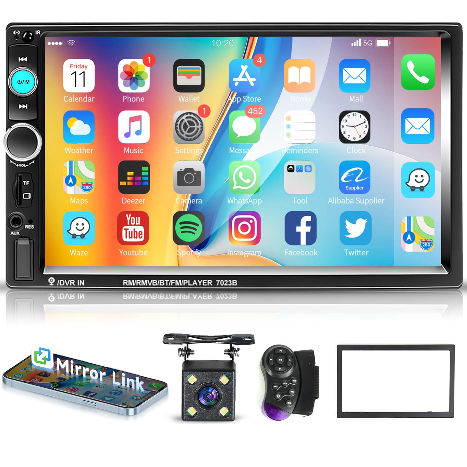 Hodozzy Double Din Car Stereo, 7 Inch Touch Screen Double Din Car Radio with Bluetooth, Mirror Link, FM Radio, AUX/USB/TF, Steering Wheel Control, 2 Din Car MP5 Player with Reversing Camera