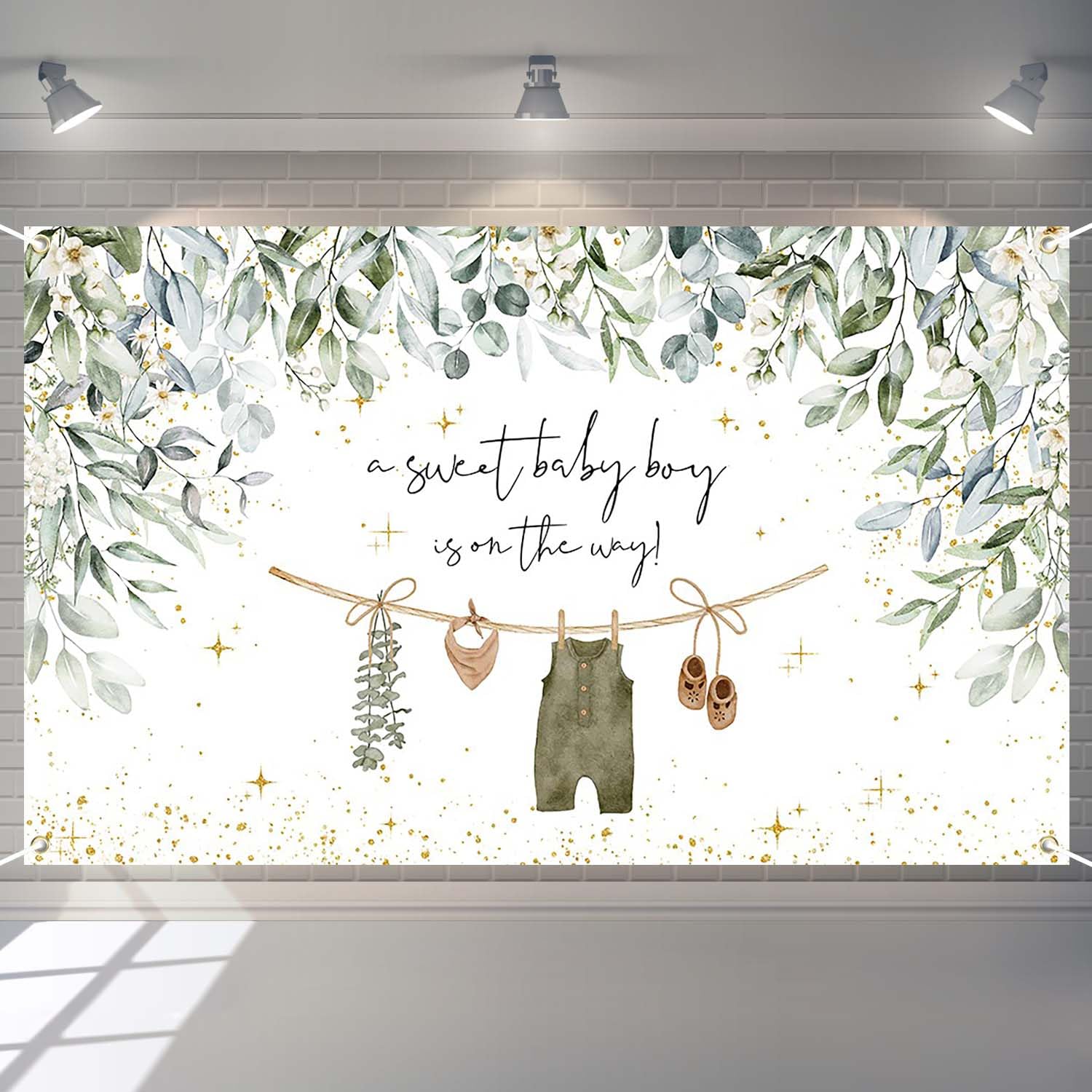 Photo 1 of Joliaco Boy Baby Shower Banner Greenery Leaves Boho Baby Clothes Backdrop A Sweet Baby Boy is On The Way Baby Shower Party Decorations Banner Photo Booth Props (6x3.6ft)