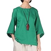 Minibee Women's Linen Blouse Round Neck 3/4 Sleeve Shirt Tops with Chinese Frog Button