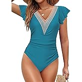AI'MAGE Women's One Piece Swimsuits Lace Sexy V Neck Bathing Suit Ruffle Cap Sleeve Tummy Control Monokini Swimwear S-XXL