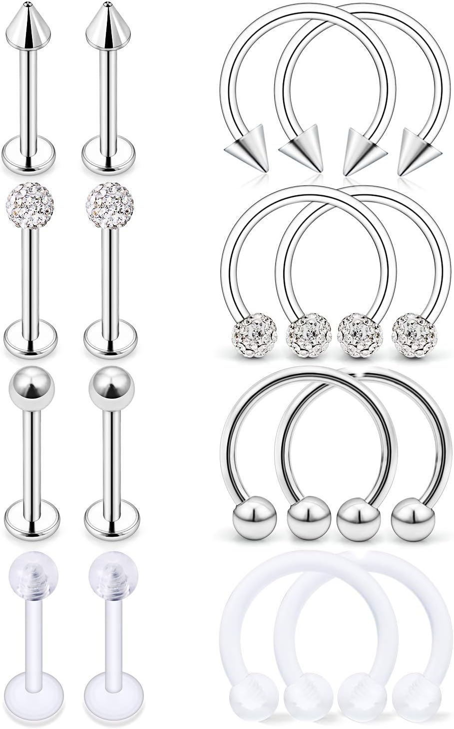 16G Surgical Steel Lip Rings Clear Diamond CZ Labret Studs Tragus Horseshoe Ring Helix Hoop Earring Body Jewelry Piercing Retainer for Women Men 8mm