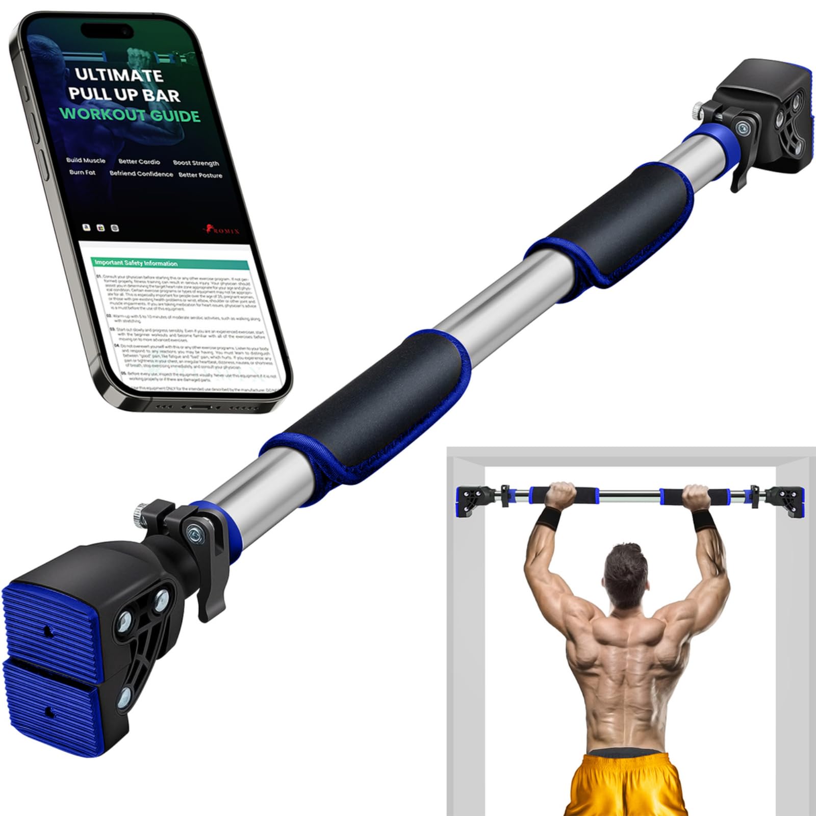 ROMIX Pull Up Bar Doorway, Adjustable Length 72-97cm No Screw Chin Up Bar Door Frame Width Locking, Multifunctional Body Fitness Training Equipment with Exercise eBook for Body Workout Home Gym