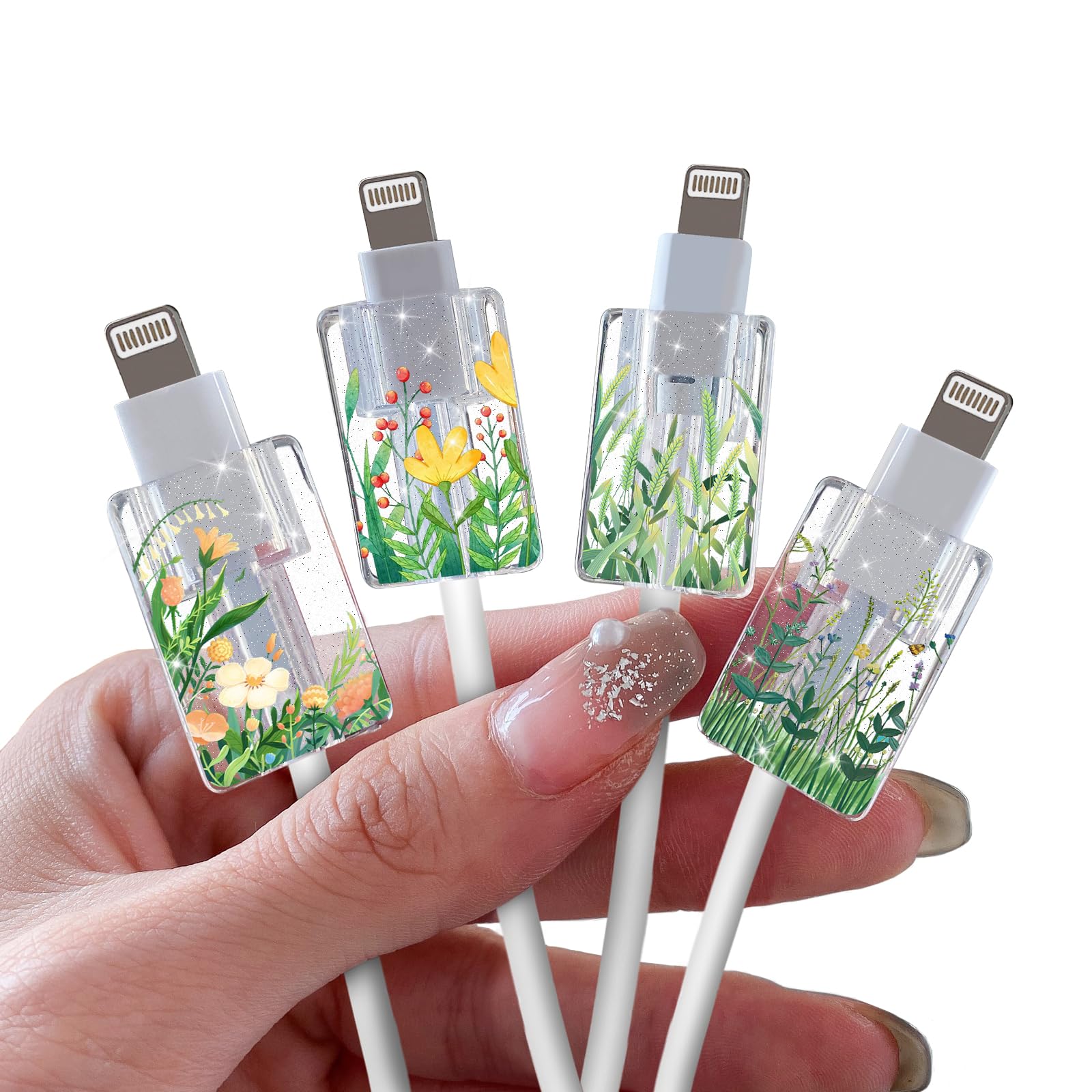 DiyGody Glitter Bling Cable Protector for iPhone Type-c Charger, Sparkle Green Grass Pattern 4 PCS Set Phone Charger Saver