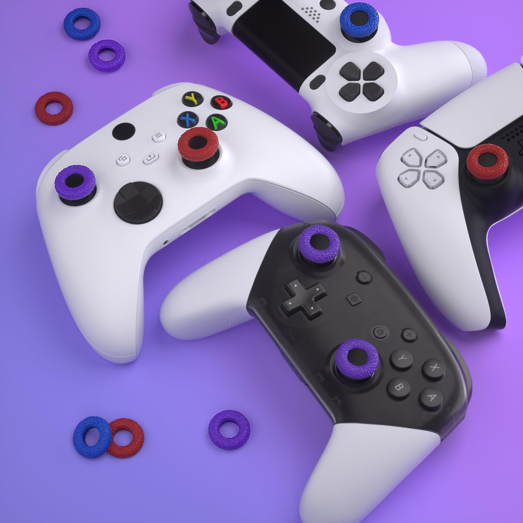 PlayVital Upgraded Silicone Precision Rings, Aim Assist Motion Control for ps5, ps4, Edge, Xbox Series X/S, Xbox One, Switch Pro Controller - Durable Anti-Slip Donut Thumbstick Rings, Red/Blue/Purple