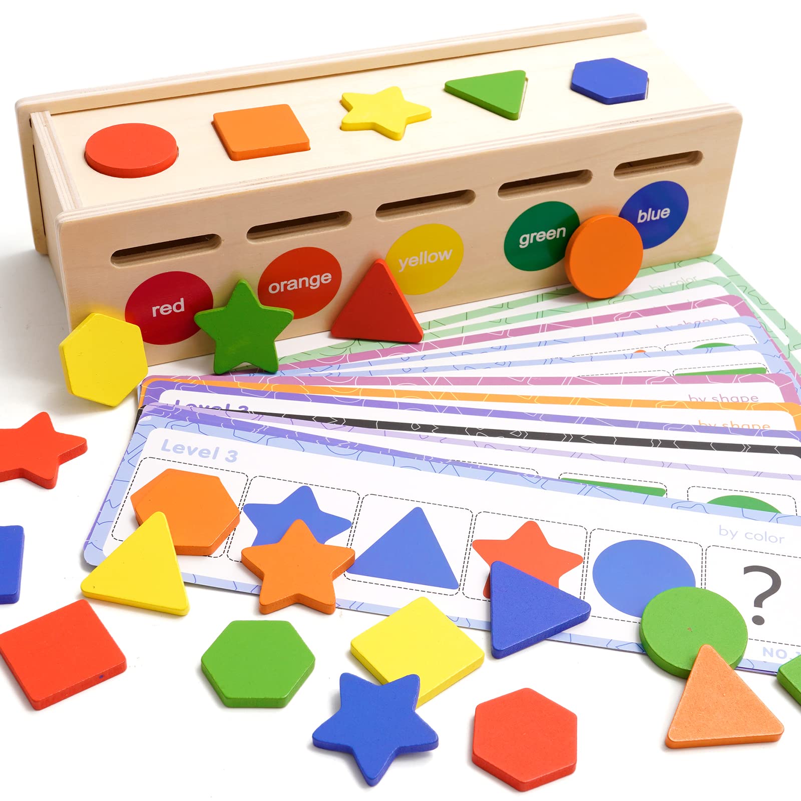 Wooden Color Shape Sorting Toy, Wooden Montessori Toy Shape Sorter Color Matching Coin Toss Box Game, Learning Sensory Toy for Baby Boy Girl