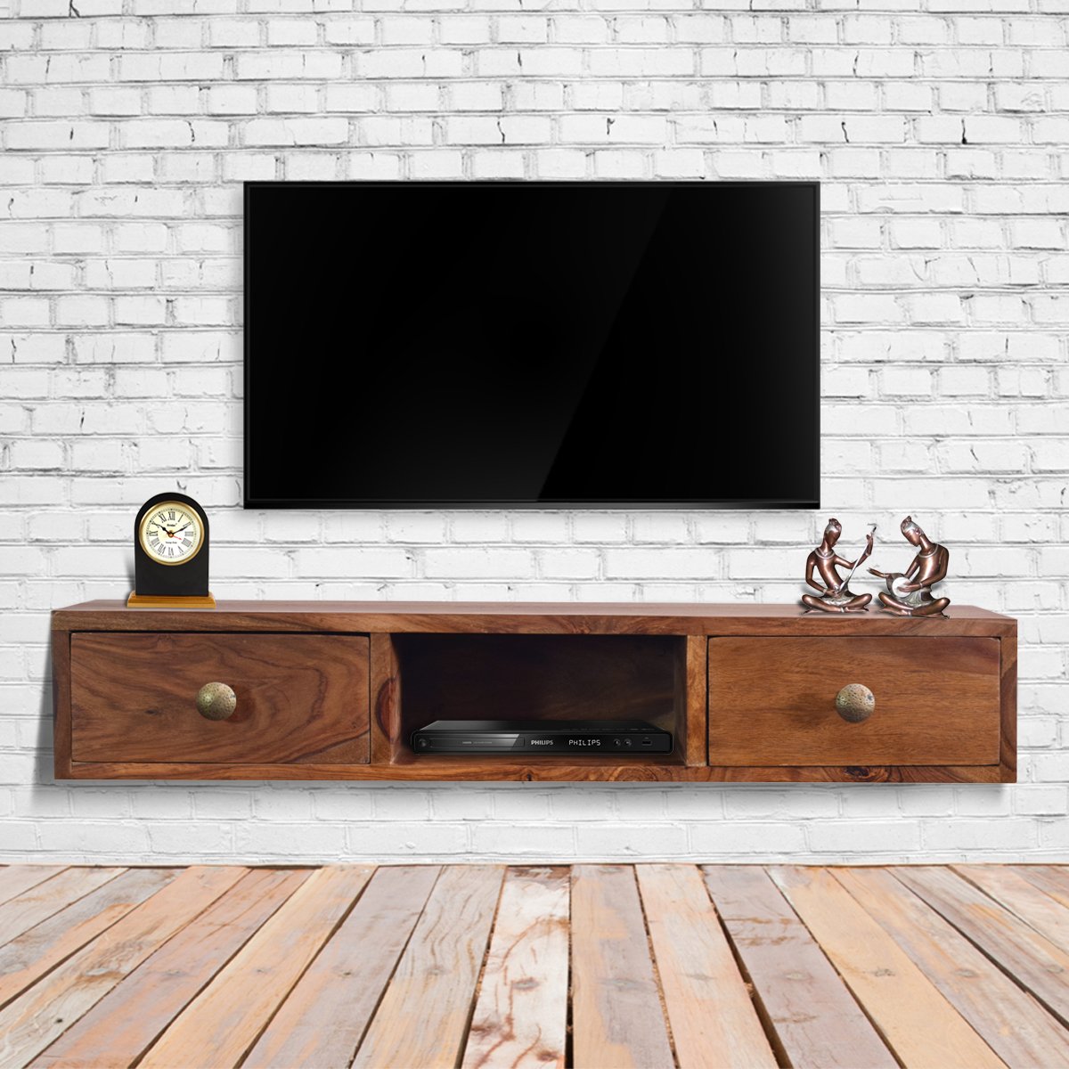 Furnituregully Sheesham Wood Wall Mounted Shelf With 2 Drawer TV Display Unit In Teak Wood