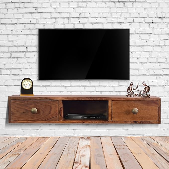 Furnituregully Sheesham Wood Wall Mounted Shelf With 2 Drawer TV