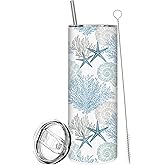 JarThenaAMCS Summer Ocean Tumbler with Lid Straw 20 Oz Starfish Seashell Coral Travel Mug Coffee Tumbler Cup Boxed for Gifts Hot and Cold Drinks Beach Sea Party Favor Supplies
