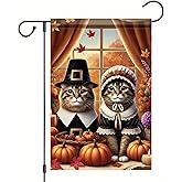 Saoplasa Thanksgiving Garden Flag 12x18 Inch Pilgrim Cats with Pumpkins and Fall Decor Autumn Seasonal Outdoor Yard Porch Lawn Banner