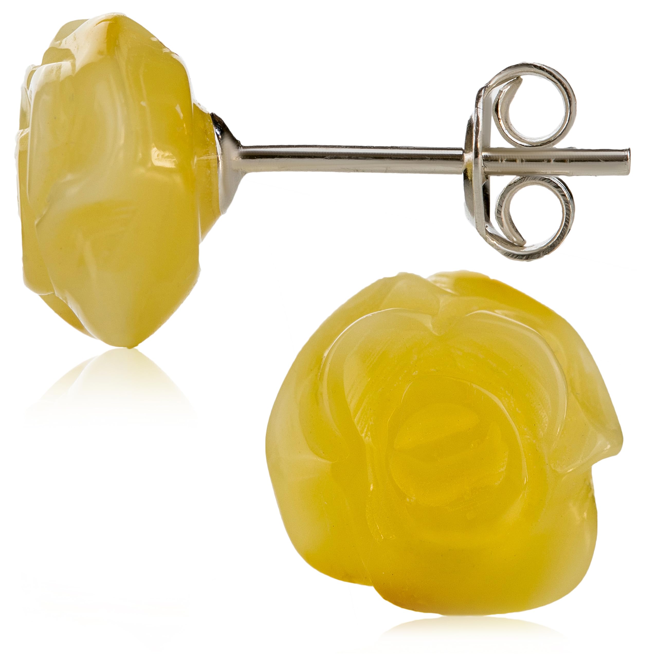 Baltic Amber Stud Rose Earrings in a Luxury Gift Box By Amber Culture |Carved from Natural Stone, 925 Sterling Silver, Women and GirlS (Royal Yellow)