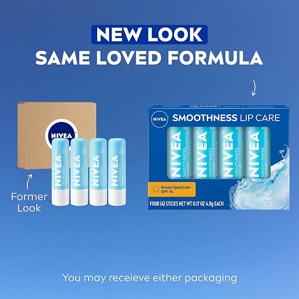 NIVEA SMOOTHNESS LIP CARE, SUNSCREEN LIP BALM WITH SPF 15 BROAD SPECTRUM, SHEA BUTTER, NOURISHING OILS AND VITAMIN C & E, 3-IN-1 MOISTURE, REPAIR AND SUNSCREEN, 0.17 OZ STICK, PACK OF 4