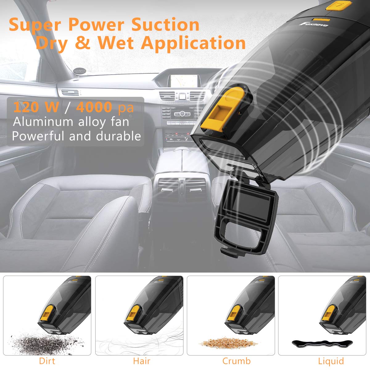 Foxnovo Car Vacuum Cleaner,DC 12V 120W High Power,Wet Dry Portable Handheld Auto Vacuum Cleaner for Car with 14.8ft Cable,Stainless Steel Filter,Carry Bag