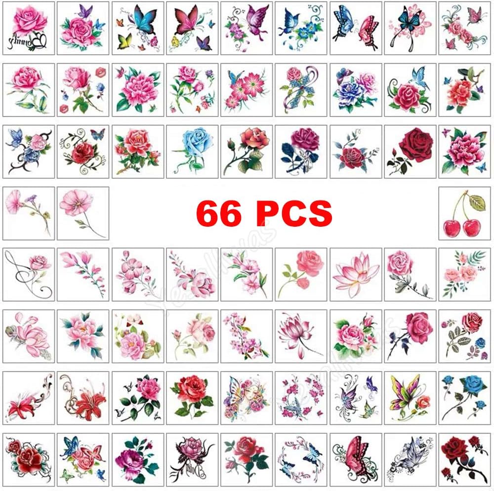 Yesallwas 66 Pcs Temporary Flower Tattoos Stickers Rose Peony Butterflies Blossoms Flash Tattoo for Kids Girls Teens