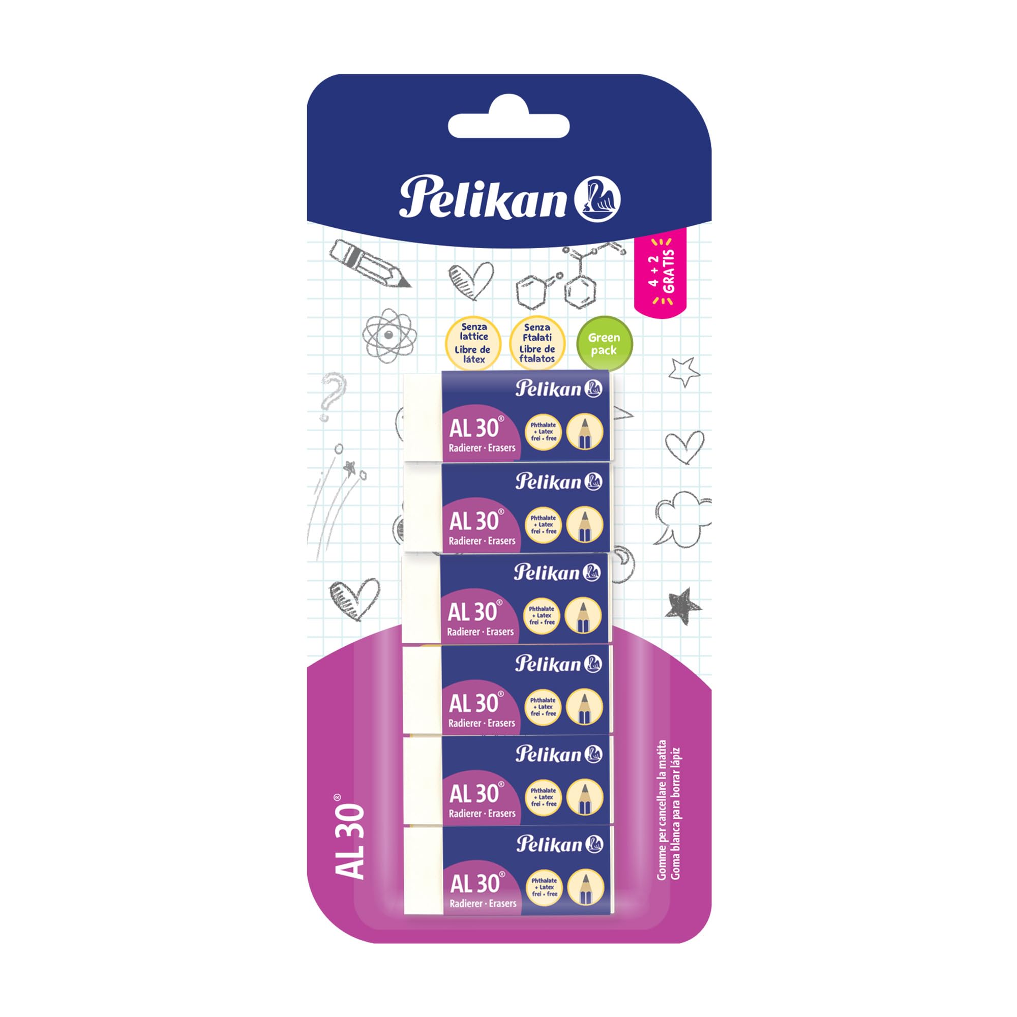 Pelikan Erasers, AL 30, White Eraser, for Graphite Pencils, Technical and Artistic Drawing, Suitable for Children, Pack of 6, Size 43x17x12mm