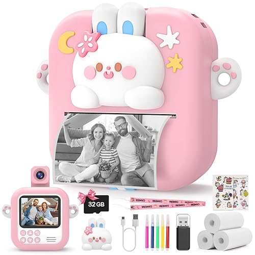 Skirfy 48MP Instant Print Camera for Kids, Pink Digital Toy With Print Paper & 32GB Card, Birthday Gifts for Girls Age 3-12