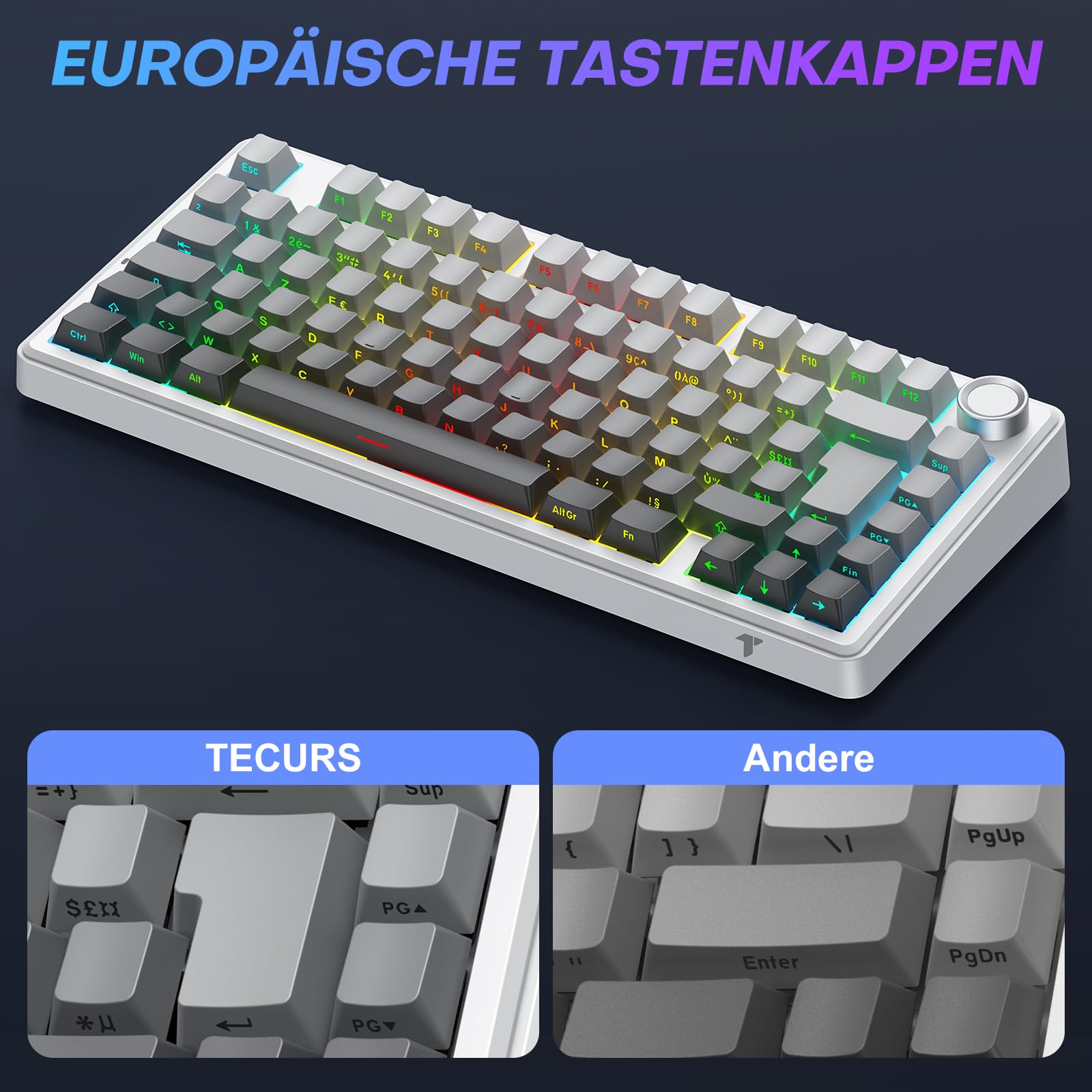 TECURS 75% Gaming Tastatur Kabellos, DREI-Modus 2.4GHz/BT5.0/Type-C RGB Rote Schalter Mechanische Tastatur, Hot Swap, Seitliche Gravur PBT-Tastenkappen mit Drehknopf, QWERTZ (Gradient Grau) 2