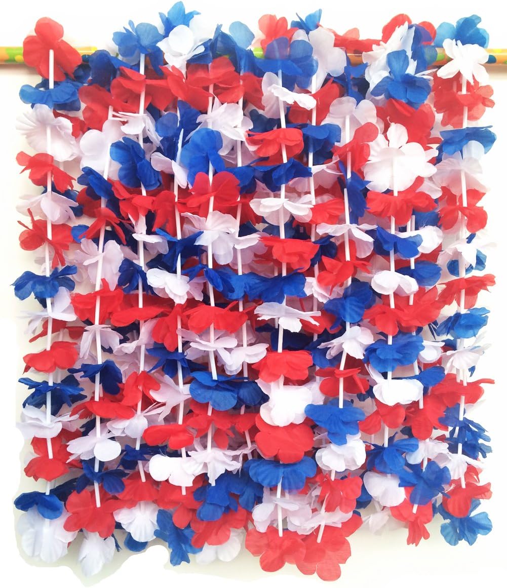 LITTLE FEATHERLITTLE FEATHER Red White and Blue 4th of July Party Lei Hawaiian Luau Flower Necklace Party Favors,Pack of 12