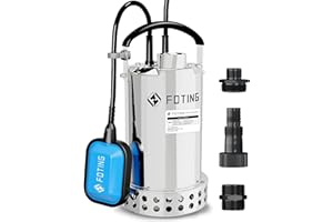 FOTING Full 304 Stainless Steel Sump Pump with Float Switch - 1HP 4600GPH Automatic Submersible Water Pump Fast Water Removal in Pools, Basements, Sewage, Hot Tubs Heater Flush Pit, ponds w/ 10FT Cord