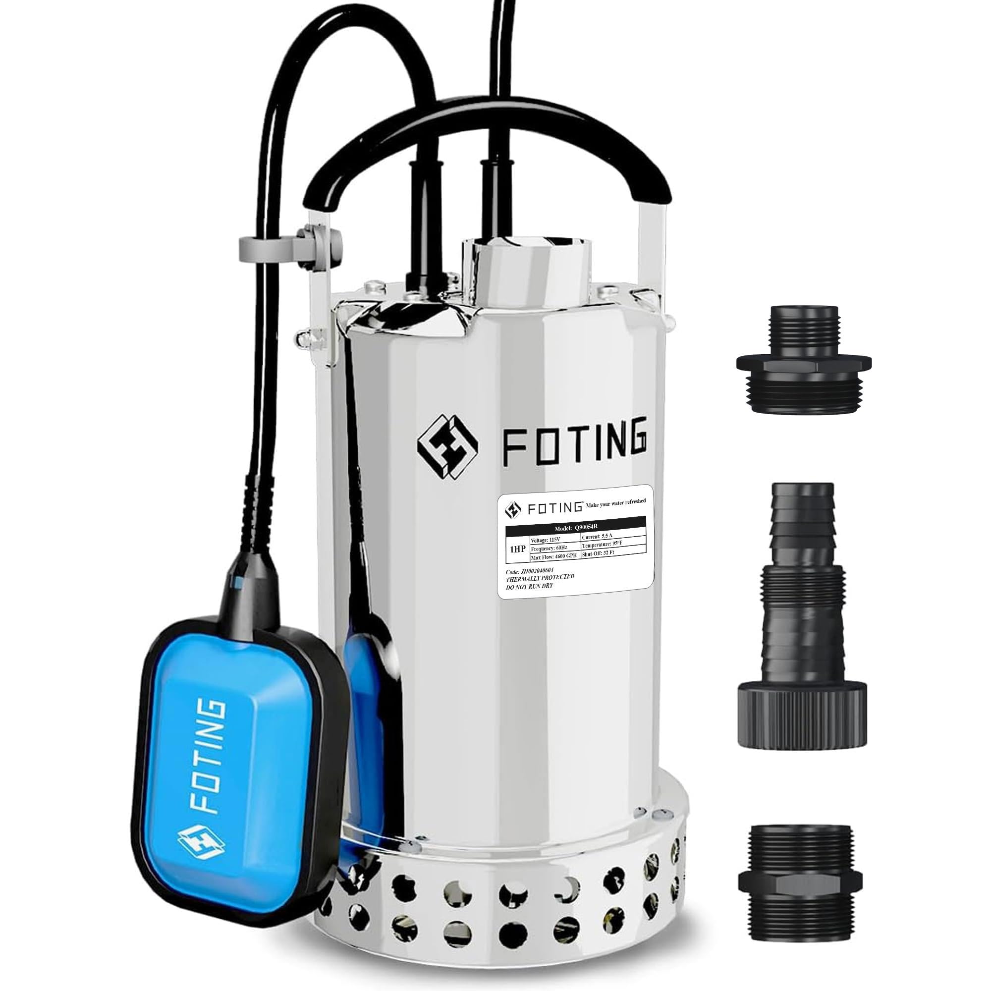 Photo 1 of FOTING Full 304 Stainless Steel Sump Pump with Float Switch - 1HP 4600GPH Automatic Submersible Water Pump Fast Water Removal in Pools, Basements, Sewage, Hot Tubs Heater Flush Pit, ponds w/ 10FT Cord