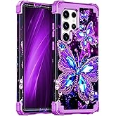Miqala for Galaxy S22 Ultra 5G Case,Glow in The Dark Three Layer Heavy Duty Shockproof Full Body Protection Hard Plastic Bumper+Soft Silicone Case for Samsung Galaxy S22 Ultra 6.8 inch,Dark Butterfly