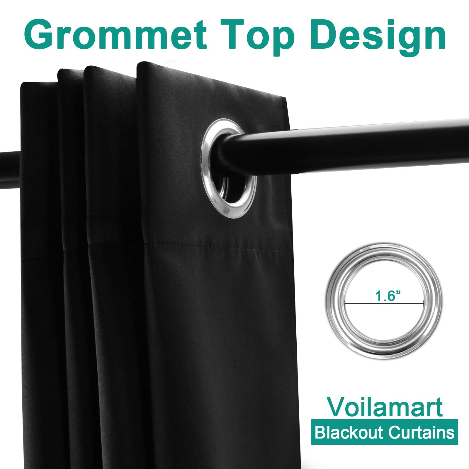 Voilarmart Blackout Curtains 52 x 95 Thermal Insulated Light Reducing Grommet Top Window Curtain Set for Bedroom, Living Room, 2 Panels - Black