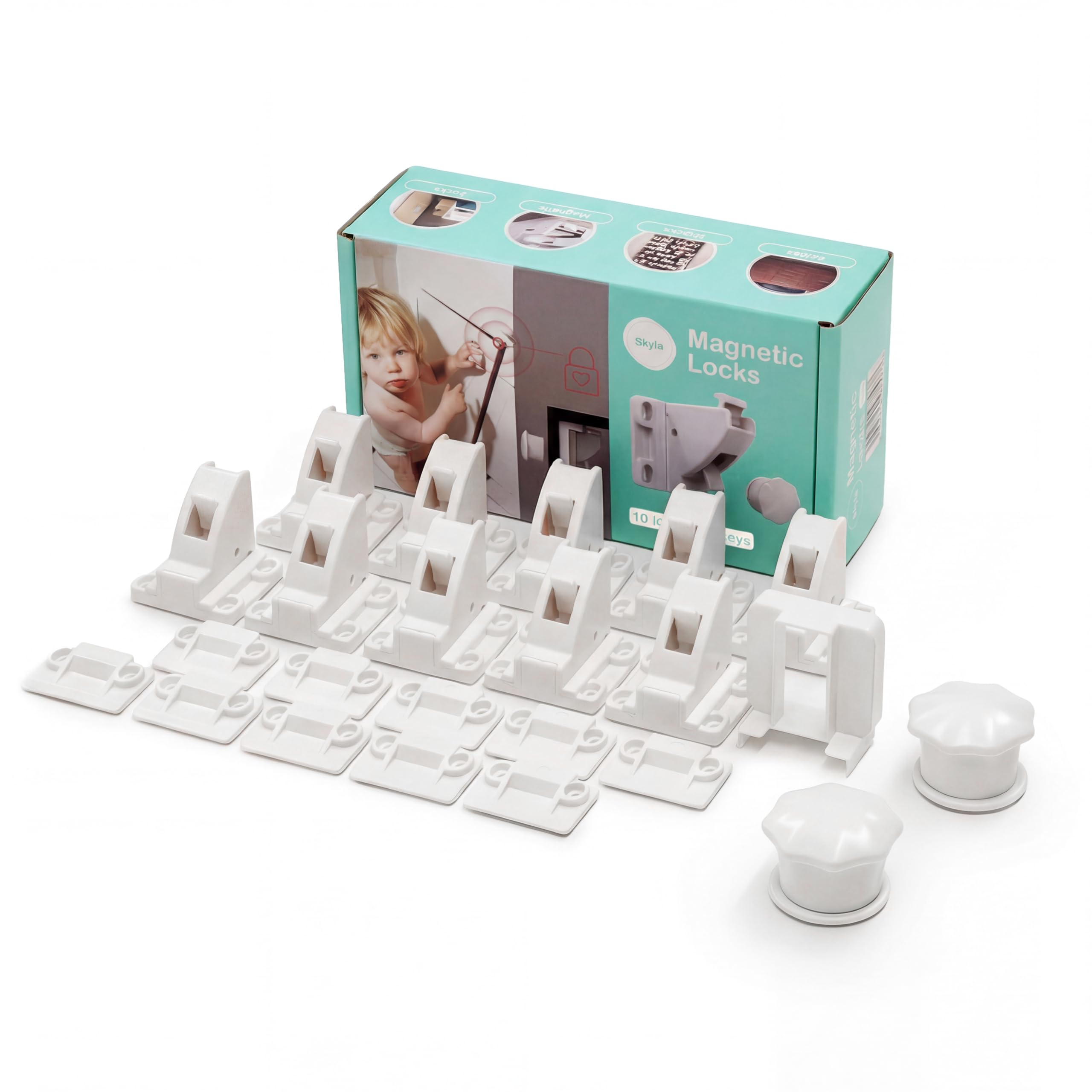Photo 1 of 10 Pack Cabinet Locks Baby Proofing - SKYLA HOMES Children Proof Magnetic Cabinet Locks for Cupboard, Drawers, Adhesive Baby Proof Latches (10 Locks and 2 Keys)