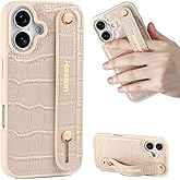 Hanman for iPhone 16 Leather Case with Adjustable Wristband Strap Kickstand,Hand Strap Leather Case for iPhone 16,Crocodile Leather Wristband Kickstand Case for iPhone 16-Beige