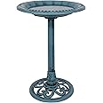 Alpine Corporation TEC116BL Pedestal Birdbath with Scrollwork Base and Ground Stakes, Décor for Lawn & Garden, 21" H, Blue
