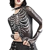 Women Halloween Mesh Skeleton Print Tops Y2k Black Long Sleeve Sheer Fitted Skull Horror Crop Shirt Going Out