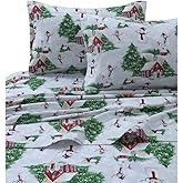 Tribeca Living King Deep Pocket Flannel Sheet Set, Snowman Red/Green | 100% Cotton, 170 GSM, Fits Mattresses Up to 24 Inches, Oversized Flat Sheet, Ultra Soft, Warm and Cozy