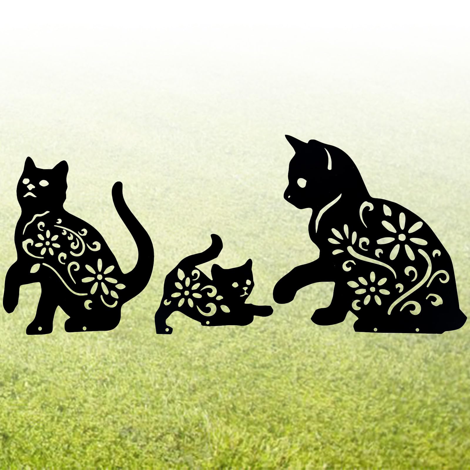 Hicello Metal Black Cat Family Garden Outdoor Ornaments, Animal Garden Decorative Skates, Metal Garden Art, Ornamental Gardening Sculpture, Lawn Art Decor