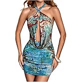 SHENHE Women's Sexy Halter Deep V Plunge Open Back O Ring Chain Ruched Bodycon Mini Dress
