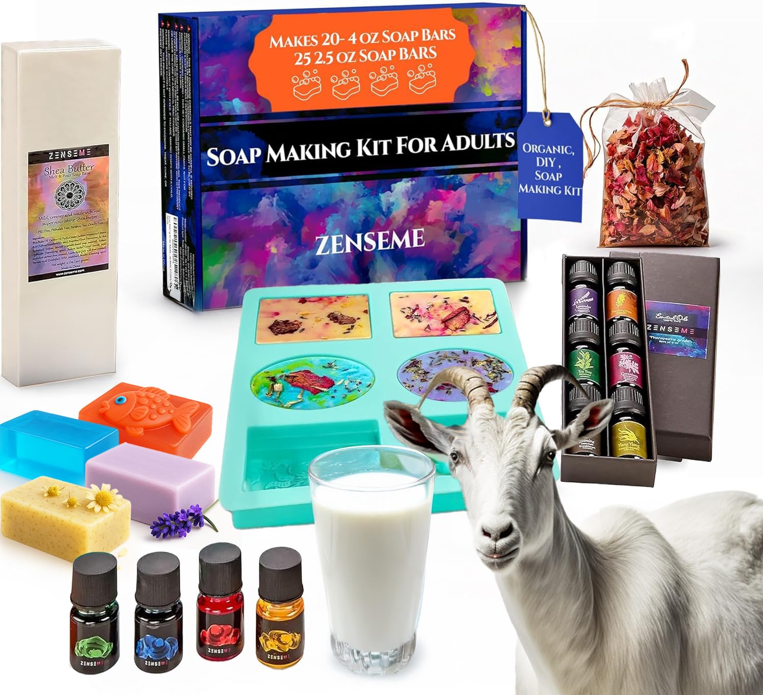 Soap Making Kit for Adults, Make Your Own Soap with Melt & Pour DIY Natural Soap Supplies; 6 Essential Oils, Silicone Soap Mold, Spoon, Dried Flowers, 1.5lbs. Goats Milk Soap Base, 4 Colors, 9 Labels